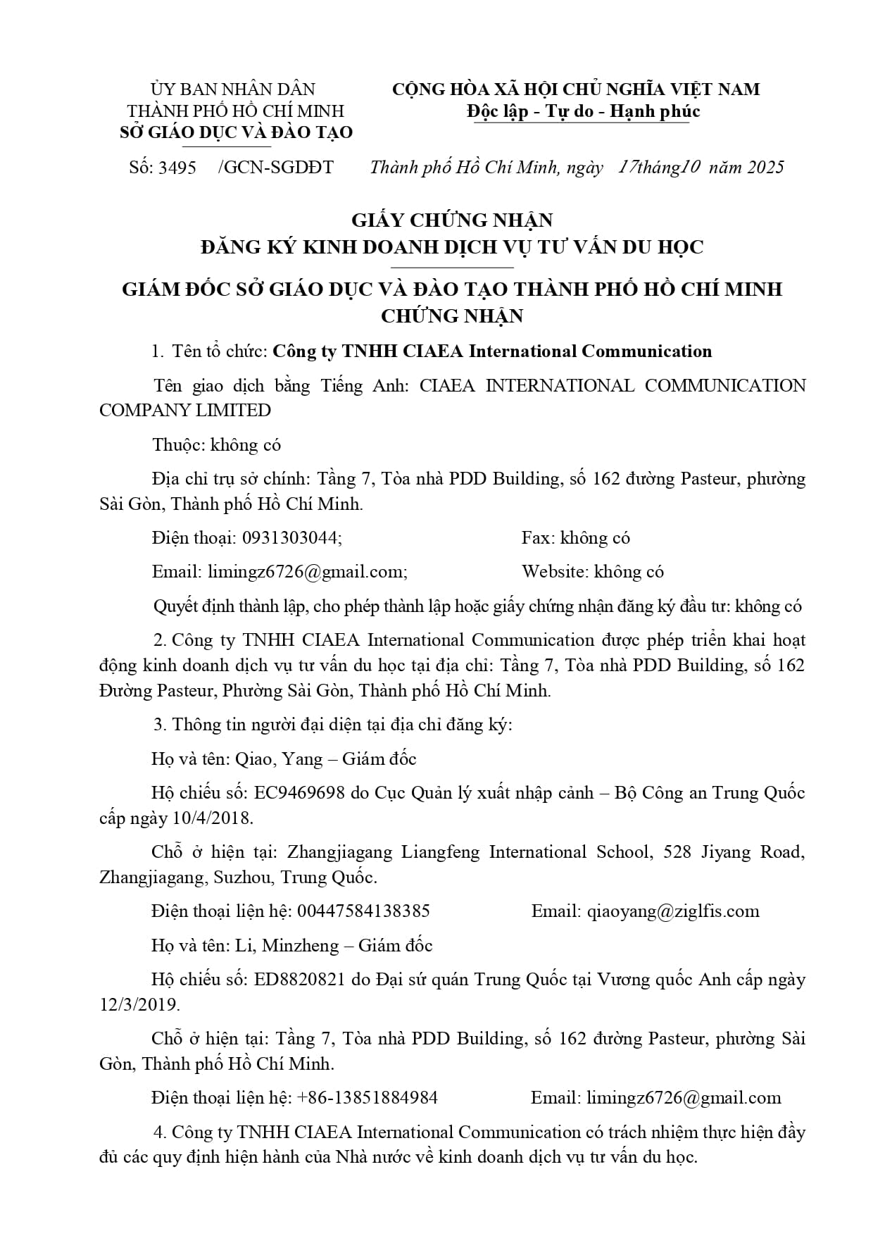 Chứng nhận kinh doanh tư vấn dịch vụ du học - Trang 1