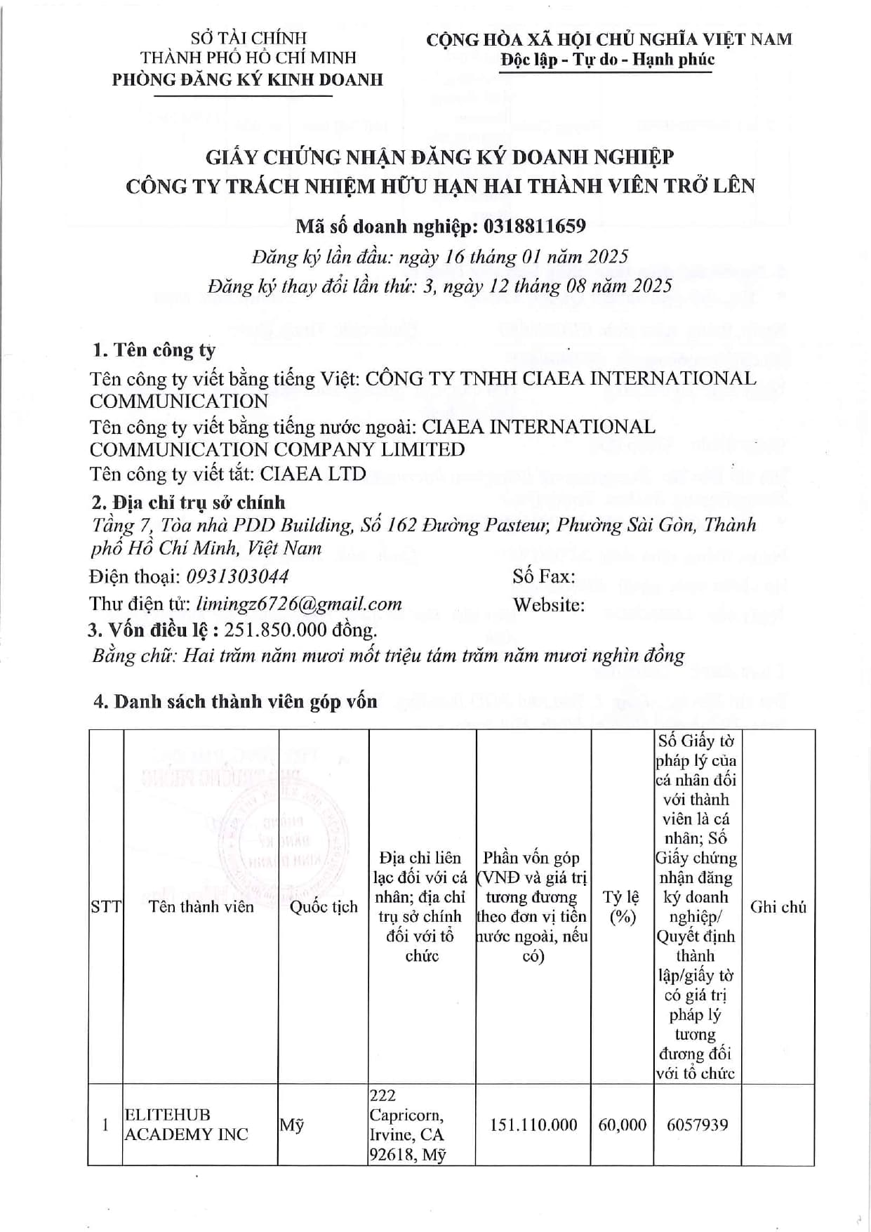 Giấy chứng nhận đăng ký kinh doanh - Trang 1